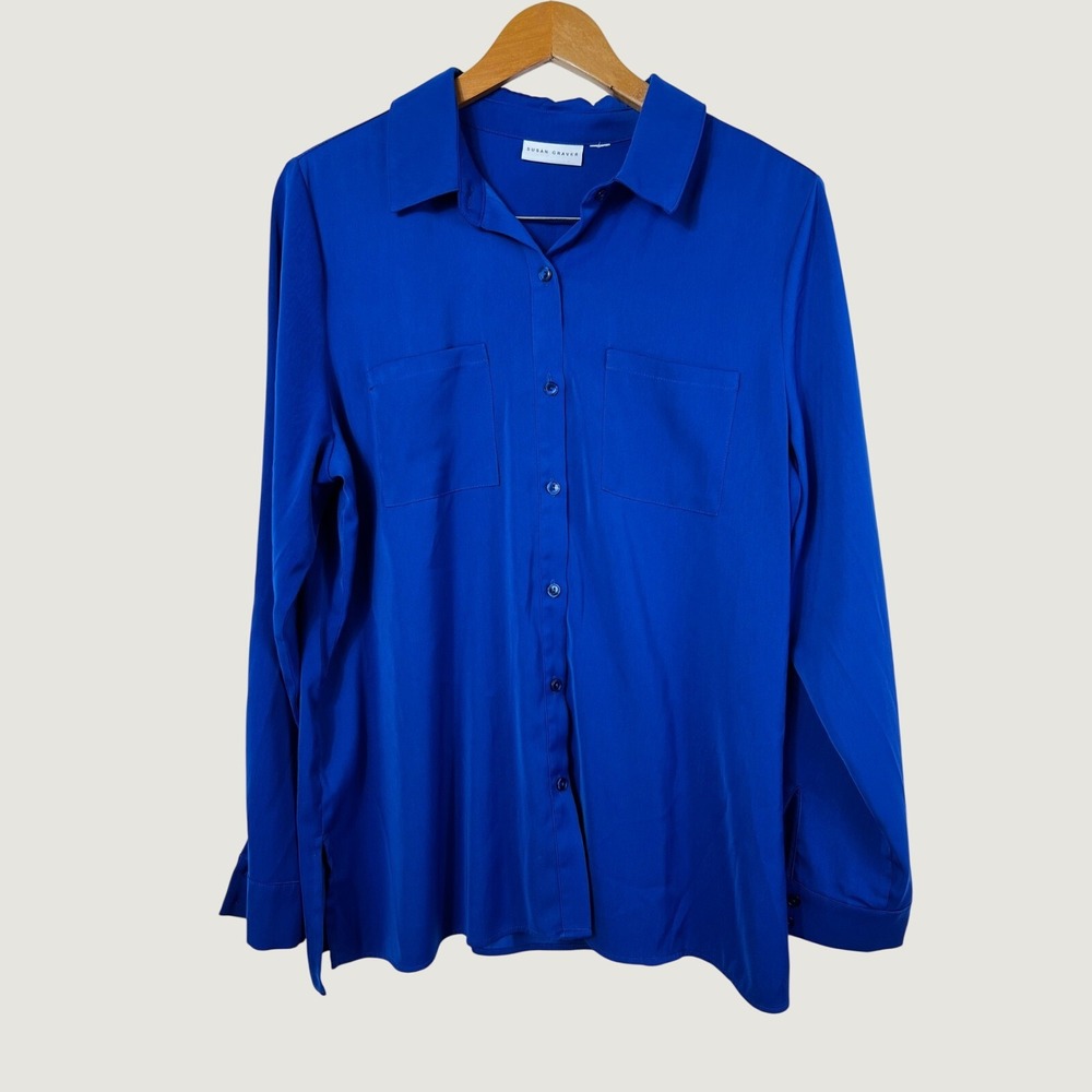 Susan Graver Button Down Shirt XL Royal Blue Stretch Long Sleeve Pockets Blouse